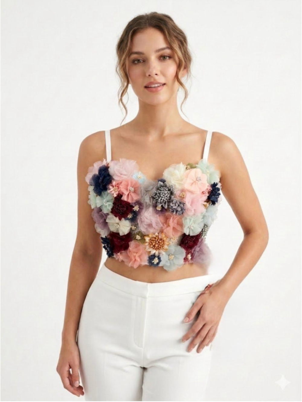 Women's THE SANG 3D Pastel Floral Corset Bustier Crop Top White Size Medium